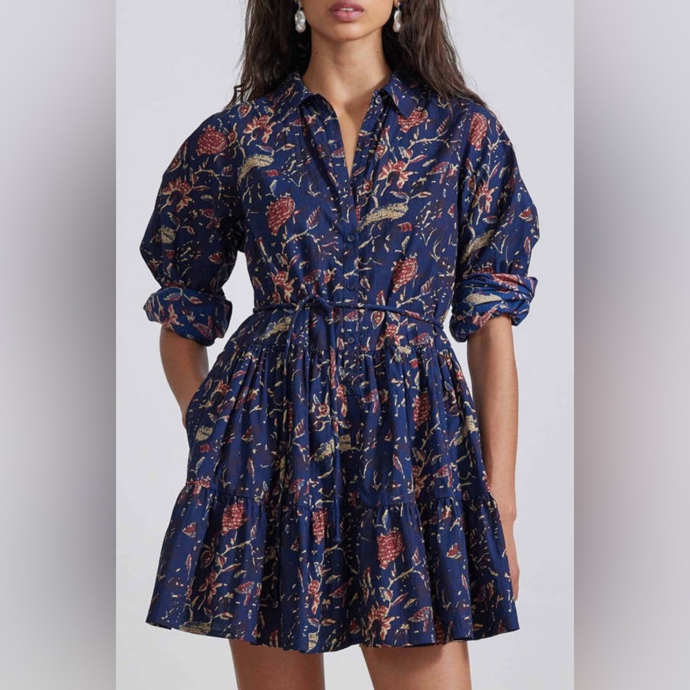 Apiece Apart Anna Shirt Dress Indigo Print Long Sleeve Short Cotton Belted XS
